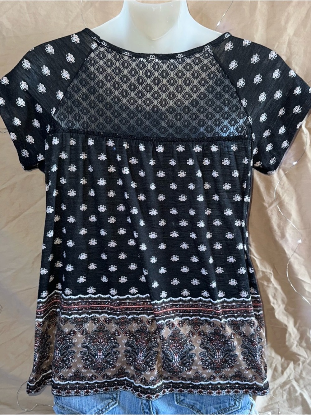 Just Be Women’s Size Small Babydoll Boho Flowy Shirt Black Brown Floral - Picture 2 of 7
